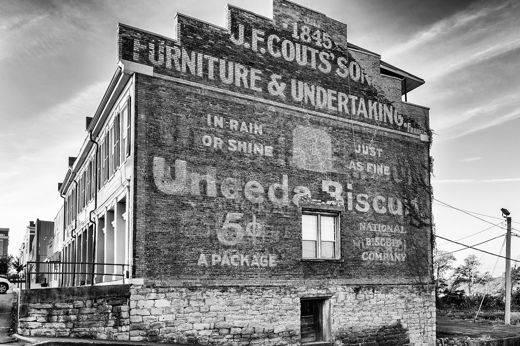 New work: Black and white photograph of the Uneeda Biscuit ghost sign in Clarksville, Tennessee