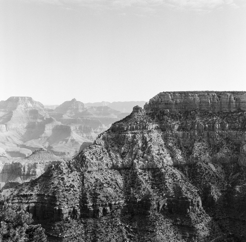 Black and white photograph of the Grand Canyon shot in morning light from the South Rim. This photograph was shot on medium format Cinestill Double X black and white film. Film photography provides a different look than digital photography and prints will display a pleasing amount of film grain and may appear somewhat softer than modern digital images. (Square format)
