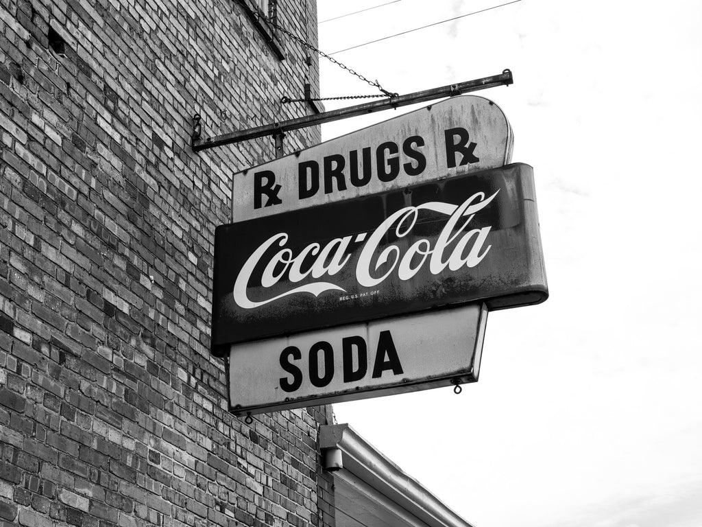 Vintage Coca-Cola Drug Store Sign in a Southern Town - Black and White Photograph (DSF6765X)