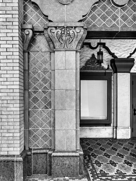 Black and white photograph of an ornate column on the exterior of the historic Russell Theatre, built 1930 in Maysville, Kentucky