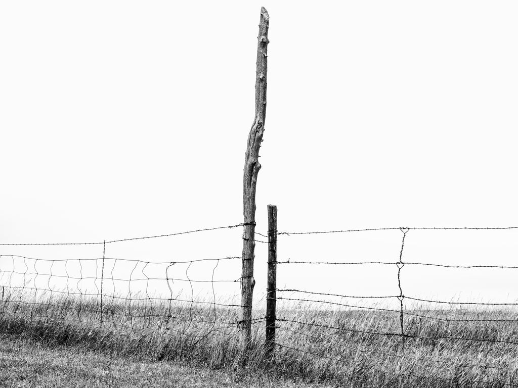 Black and white photograph of two fence posts -- one tall and one short -- in the middle of the vast South Dakota grassland.
