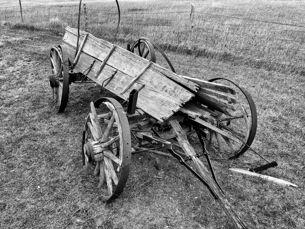 Black and white photograph of a weathered and collapsing Conestoga wagon on the prairie of the American west.
