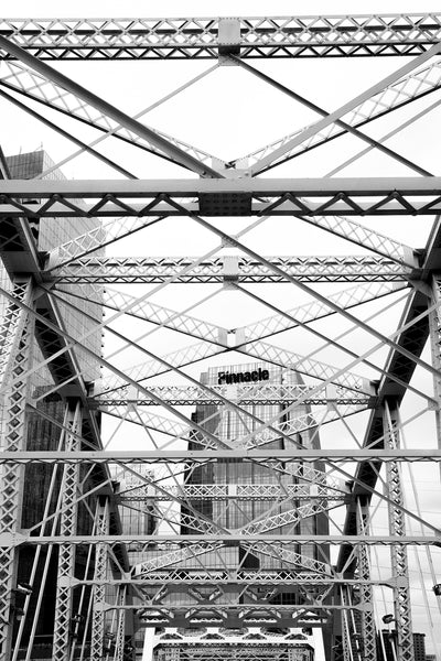 Black and white photograph of the historic Siegenthaler Pedestrian Bridge in downtown Nashville, formerly called the Shelby Street Pedestrian Bridge.