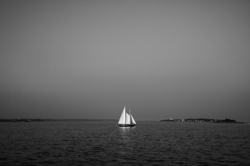 Black and white photograph of the white sails of a sailboat catching the last glow of sunset off the darkening coast of Massachusetts.