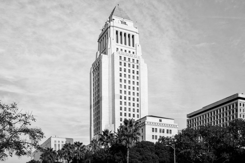 Black and white photograph of the legendary and iconic Los Angeles City Hall built 1928 in downtown L.A.