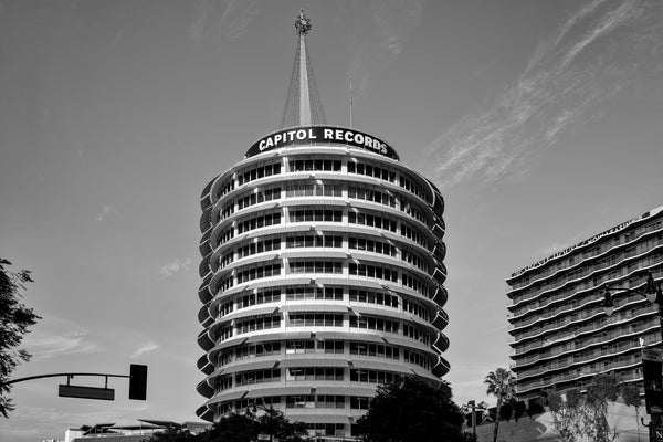 Black and white photograph of the iconic 1950s-era Capitol Records building in the Hollywood area of Los Angeles.