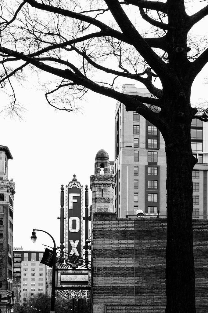 Black and white photograph of the Fox Theatre, a lavish former movie palace built 1929 in Midtown Atlanta.