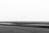 Black and white photograph of a flock of birds swirling in a blurry ball over the flat and foggy Mississippi Delta farm landscape.
