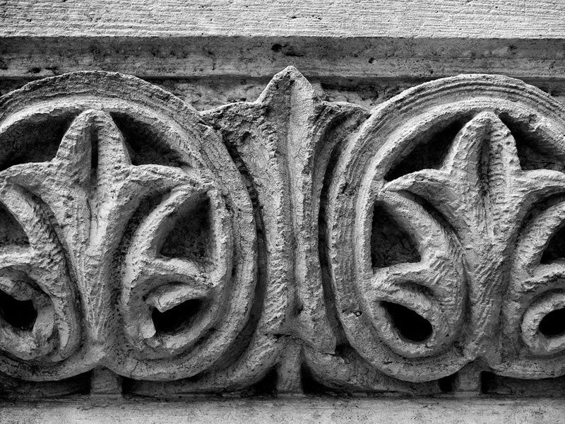 Black and white photograph of a decorative ivy motif carved into the limestone brick of a historic building in Georgetown, Texas.