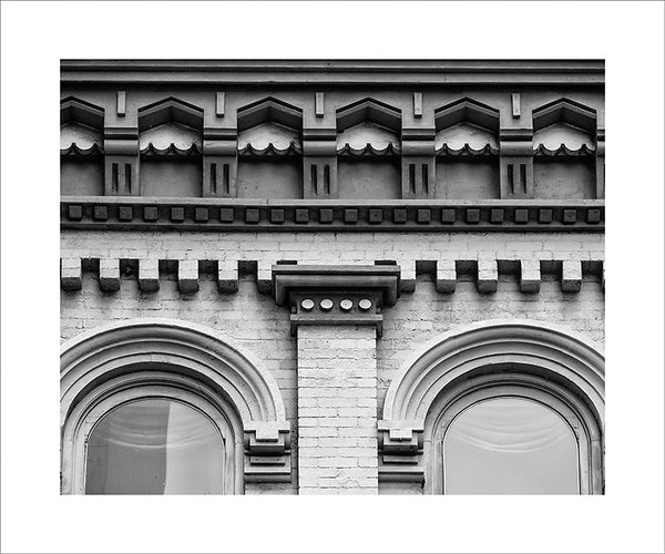 Black and white architectural photograph of a beautiful piece of historic roofline on Nashville's 2nd Avenue. This photograph can be seen in the Nashville Room, a private dining room at Nashville's amazing Prima Restaurant in the Gulch neighborhood.
