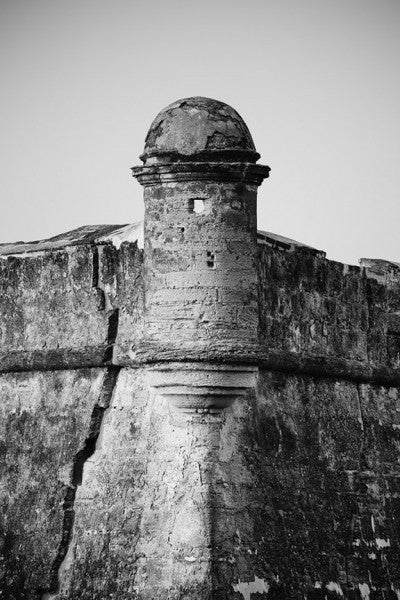Black and white detail photograph of historic Castillo de San Marcos, the old Spanish fort built on Matanzas Bay in 1695, at St. Augustine, Florida. Castillo de San Marcos is the oldest masonry fort in the United States.
