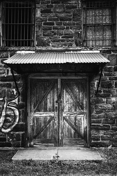 Black and white photograph of an abandoned industrial building located near Sloss Furnaces in downtown Birmingham, Alabama.