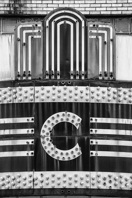 Black and white photograph of the vintage Crockett Theater Marquee in Lawrenceburg, Tennessee.