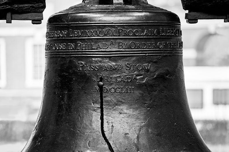 Black and white fine art photograph of a the famously cracked Liberty Bell in Philadelphia.