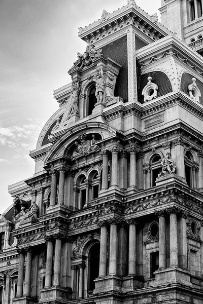 Black and white architectural photograph of the ornate Philadelphia City Hall in downtown Philadelphia.