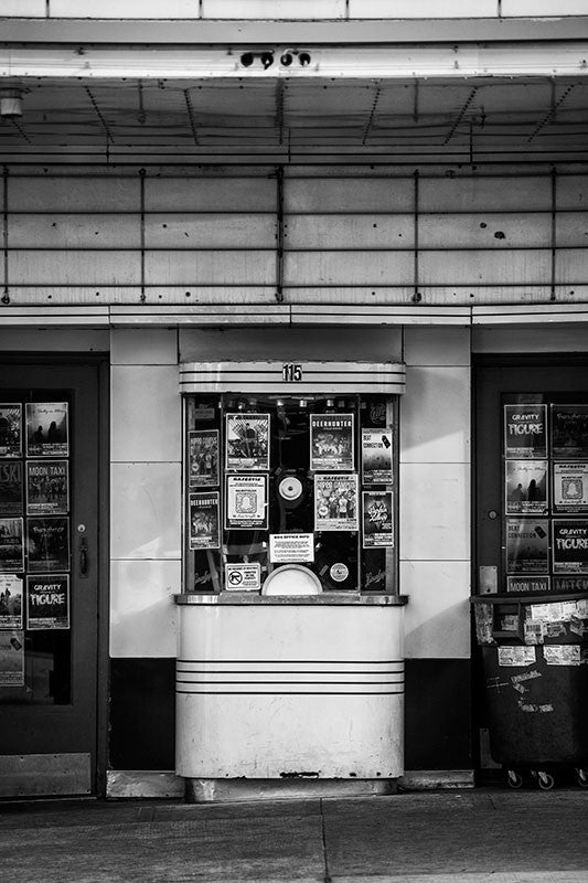Black and white photograph of the box office of the Majestic Theater in downtown Madison, Wisconsin
