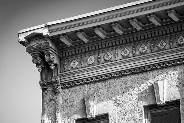Black and white photograph of an ornate architectural detail in downtown Madison, Wisconsin.