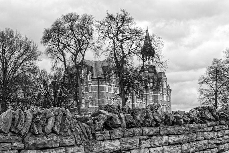 Black and white photograph of the historic Jubilee Hall, on the campus of Fisk University in Nashville, Tennessee.