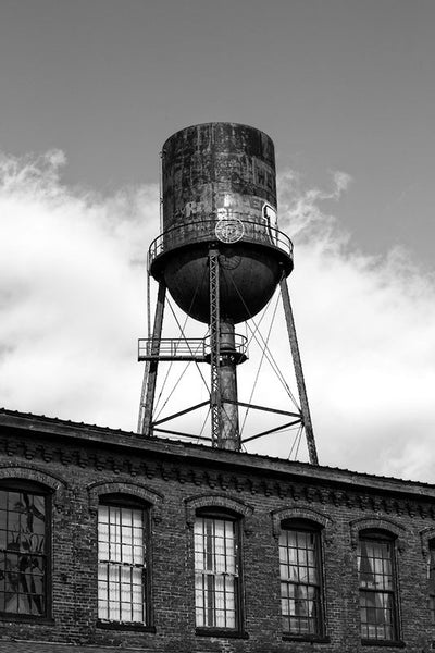 Black and white photograph of the old water tower at the old Marathon Motor Works factory Nashville, Tennessee.