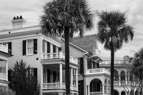 Black and white photograph of the magnificent southern mansions that align the beautiful and iconic area of Charleston known as the Battery.