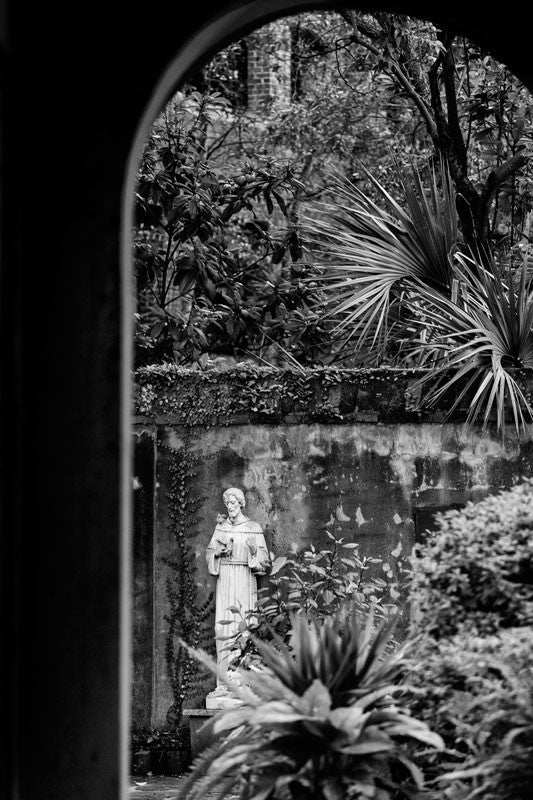 Black and white fine art photograph of a beautiful hidden courtyard with old stone walls and abundant greenery. Charleston, like New Orleans, has many hidden and enclosed courtyards that are virtually invisible to the streets.