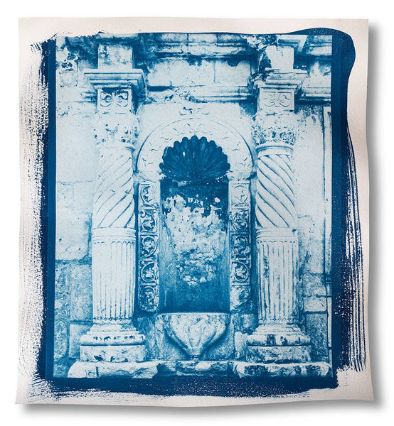 unique, one-of-a-kind, handmade cyanotype print of an architectural detail photograph of two carved stone pillars and a niche on the front of the Alamo.