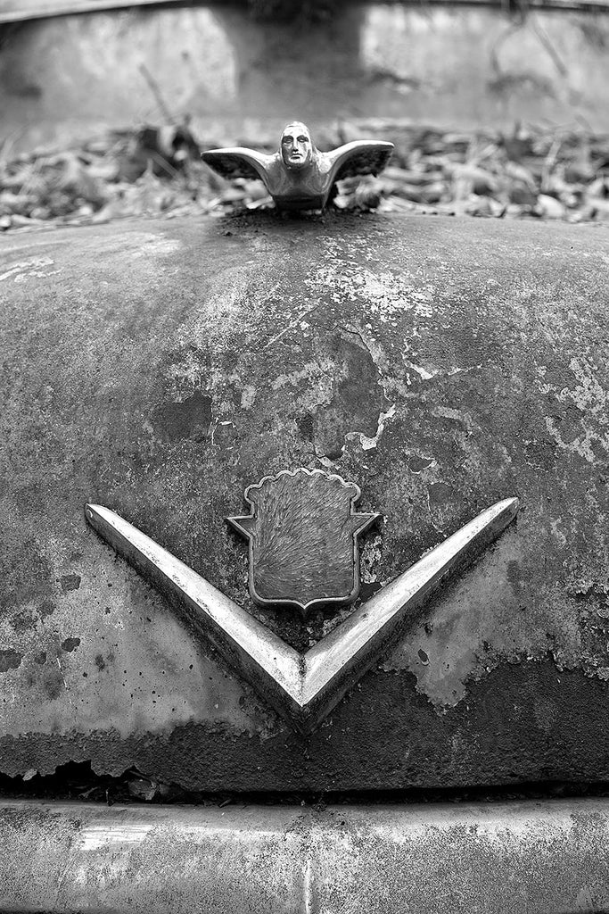 Black and white fine art photograph of hood ornaments and badges on a classic American antique car includes a winged figure made of chrome.