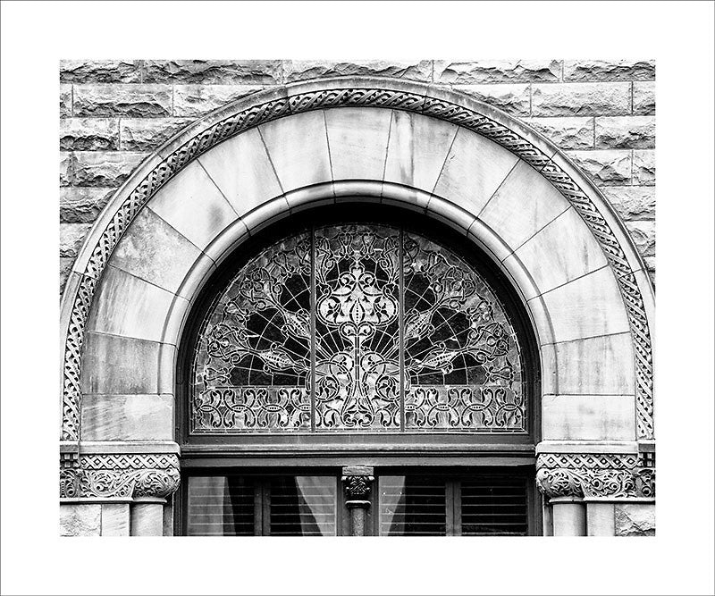 Black and white photograph of an ornately decorated stain glass window in Nashville's famous Union Station.  This photograph can be seen in the Nashville Room, a private dining room at Nashville's amazing Prima Restaurant in the Gulch neighborhood. At 16" x 20," this is the exact size and finish as the print at Prima -- just add your own top mat and framing.  This photograph is also available in other sizes. Go to the main Nashville gallery.