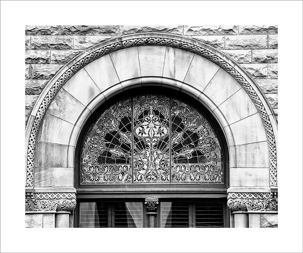 Black and white photograph of an ornately decorated stain glass window in Nashville's famous Union Station.  This photograph can be seen in the Nashville Room, a private dining room at Nashville's amazing Prima Restaurant in the Gulch neighborhood. At 16" x 20," this is the exact size and finish as the print at Prima -- just add your own top mat and framing.  This photograph is also available in other sizes. Go to the main Nashville gallery.