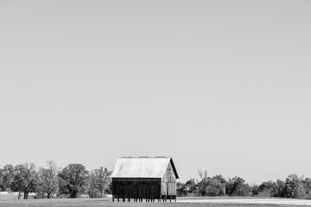 Black and white photograph of an old barn on stilts set amidst the broad bright landscape of Earth and sky in the Mississippi Delta.