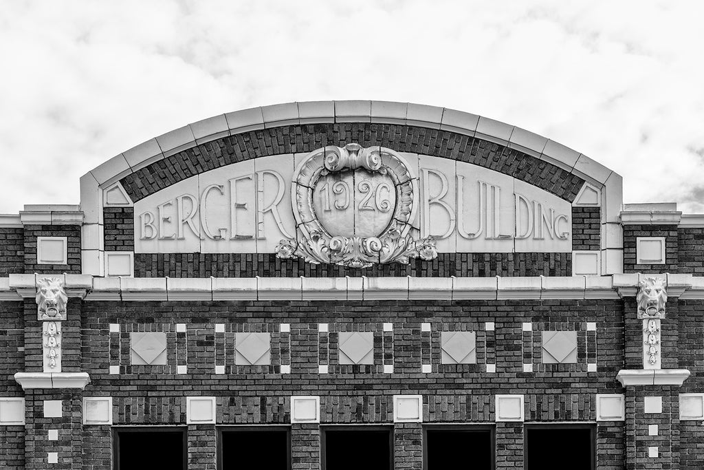 Black and white photograph of architectural details on the front of the Berger Building in Nashville, dated 1926.