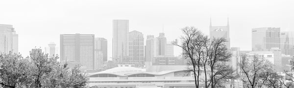 Black and white panorama photograph of downtown Nashville, photographed on a cold, misty morning.