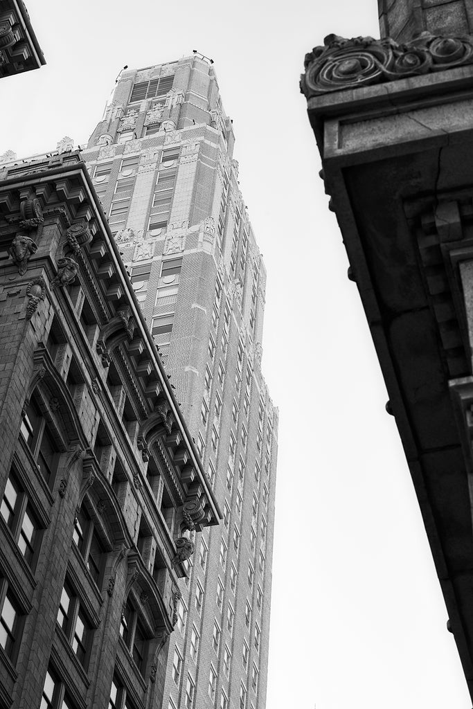 Black and white architectural photograph of the iconic art deco Fidelity National Bank and Trust Company Building, constructed between 1930 and 1932 in Kansas City, Missouri. The bank was built at the time when Kansas City was the banking capital of the plains and mountain states.