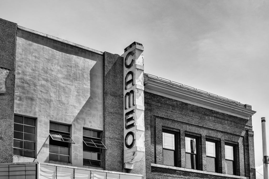 Black and white photograph of the vintage movie marquee on the front of the Cameo Theater in Bristol, Virginia.