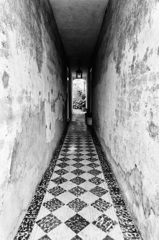 Black and white photograph of a passage way that leads to a private courtyard in the beautiful French Quarter section of Charleston, South Carolina.