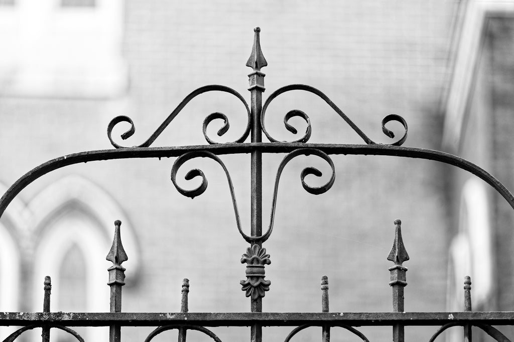 Black and white architectural detail photograph of an antique wrought iron gate.