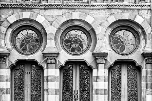 Black and white detail photograph of the historic old Farmers and Exchange Bank built in a Moorish style in Charleston in 1853.