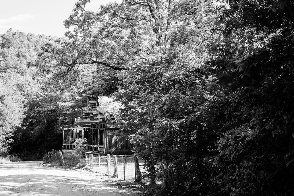 Black and white photograph of ruined old wooden building on the side of a dirt road in the woods.