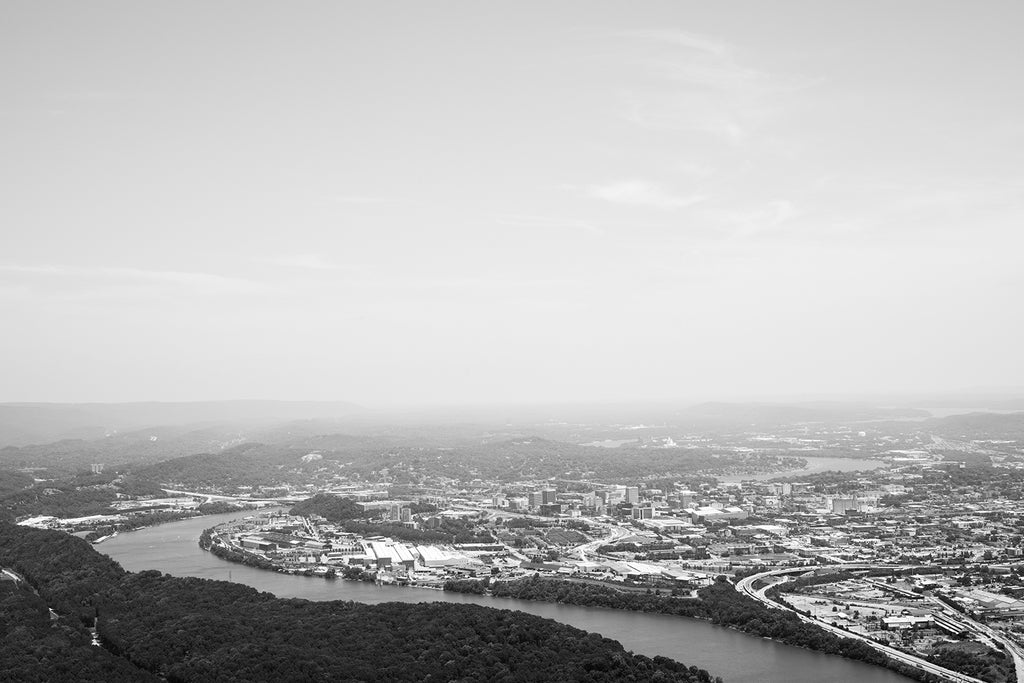 Black and white landscape photograph of Chattanooga and the Tennessee River as seen from the top of Lookout Mountain
