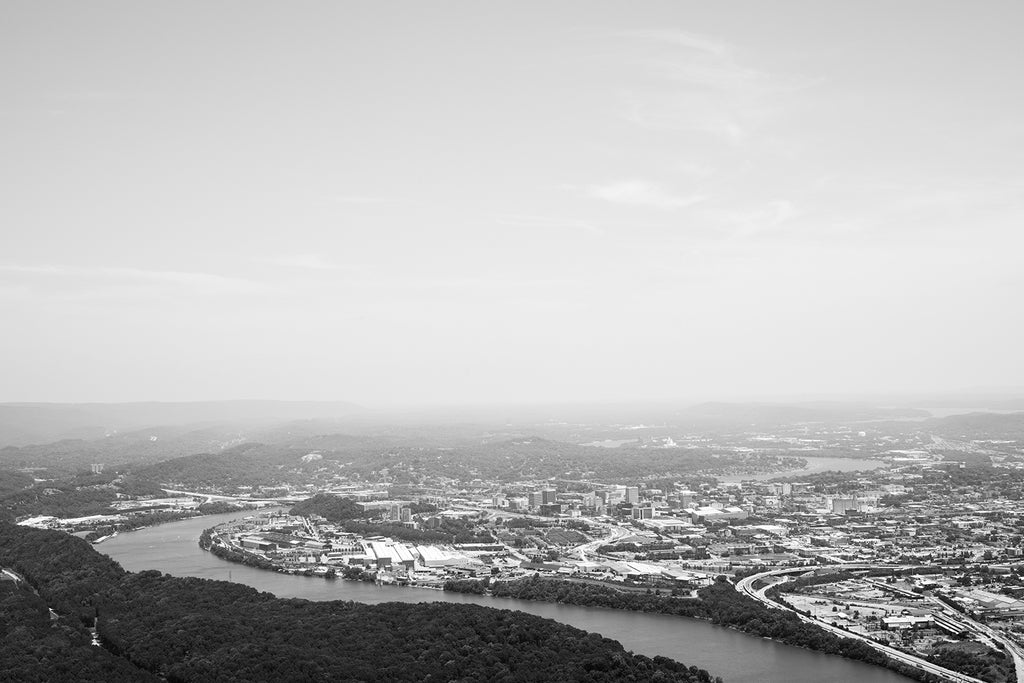 Black and white landscape photograph of Chattanooga and the Tennessee River as seen from the top of Lookout Mountain