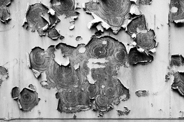 Black and white photograph of peeling paint and rusty ring patterns on the metal wall of an old railroad car.