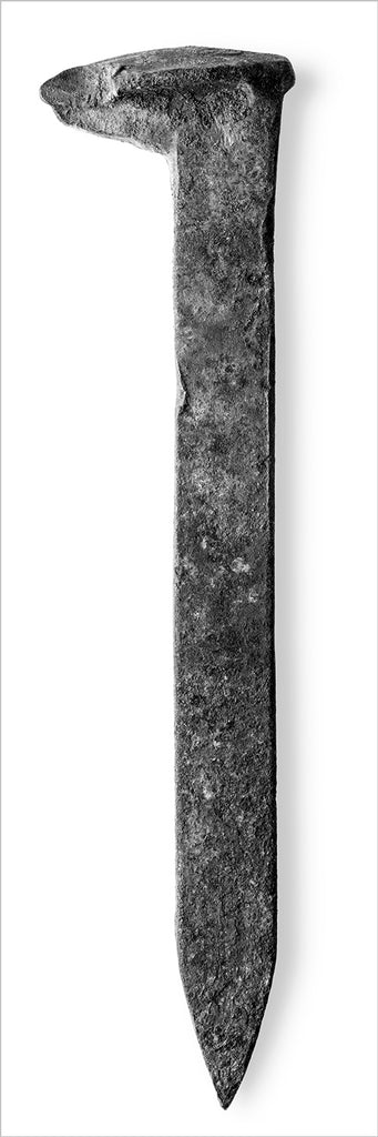 Monumental black and white detail photograph of a rusty railroad spike. The size of this ultra-wide panoramic photograph turns an ordinary object that's only seven inches long, into a vast and startling landscape up to ten feet wide. Available in one very wide print or as two half size prints for same price (see alternate photographs). Depending on space, it can be displayed vertically or horizontally.