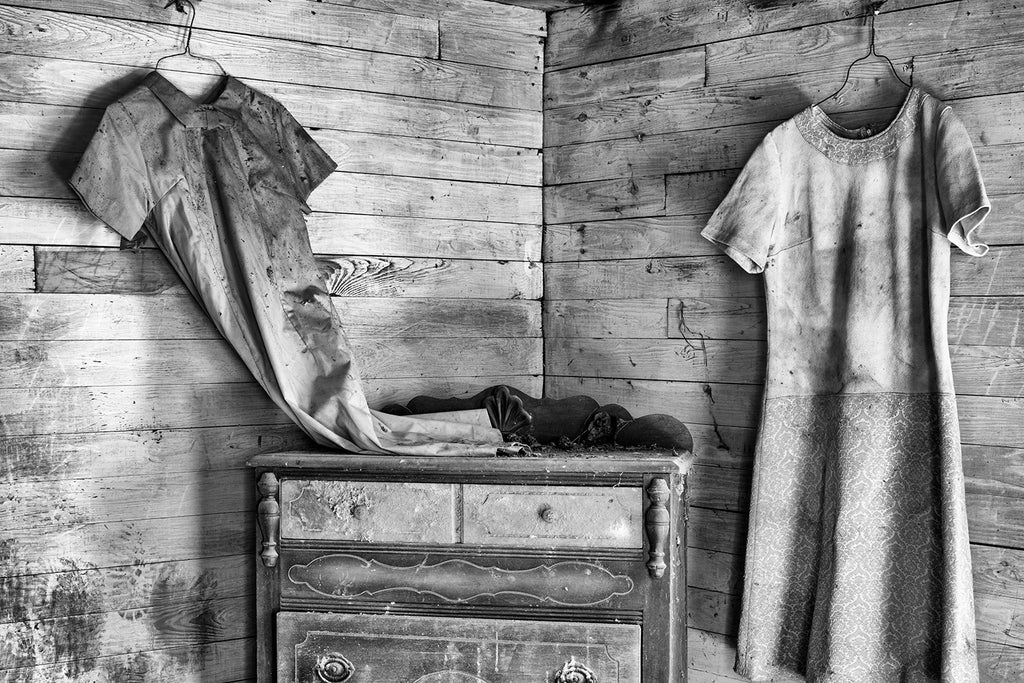Dresses on the Wall of an Abandoned House: Black and White Photograph (DSC08618)