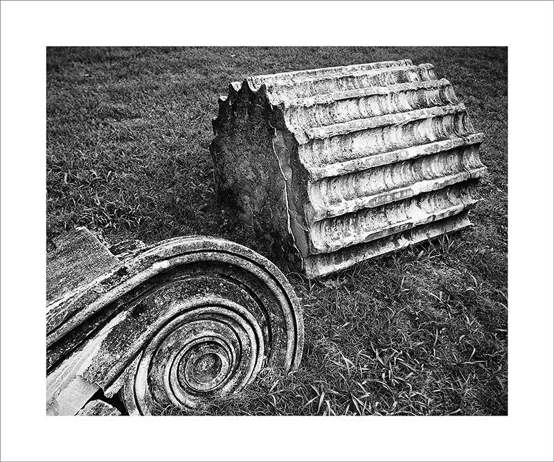 Black and white photograph of classically-inspired Greek Revival column fragments lying on the grass in Nashville.  This photograph can be seen in the Nashville Room, a private dining room at Nashville's amazing Prima Restaurant in the Gulch neighborhood. At 16" x 20," this is the exact size and finish as the print at Prima -- just add your own top mat and framing.  This photograph is also available in other sizes. Go to the main Nashville gallery.