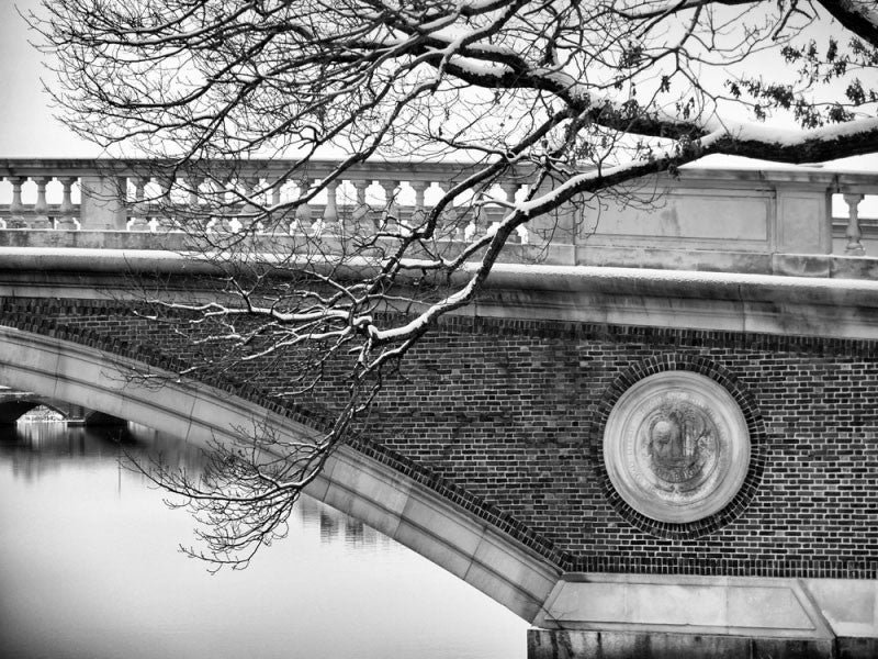 Black and white photograph of Weeks footbridge over the Charles River in Cambridge, Massachusetts. A framed print of this photograph was seen on TV weekly for three seasons of the show "Melissa and Joey," starring Melissa Joan Hart and Joey Lawrence.