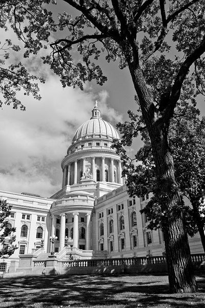 Black and white photograph of the majestic Wisconsin State Capitol building on the square in downtown Madison, Wisconsin