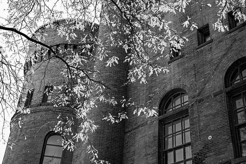 Black and white photograph of University of Wisconsin's Armory and Gymnasium, in Madison, Wisconsin.