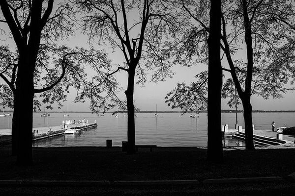 Black and white photograph of Lake Mendota as seen from University of Wisconsin's Armory and Gymnasium, in Madison, Wisconsin. 
