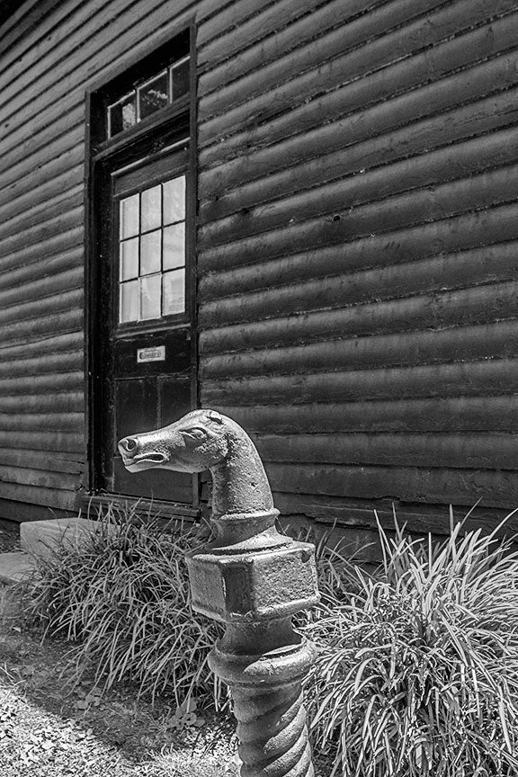 Black and white photograph of a horse head hitching post in the yard at the historic Carter House in Franklin, Tennessee. The house and its property was a site of bloody fighting during the battle of Franklin, and bullet holes can still be seen in shed in the background.