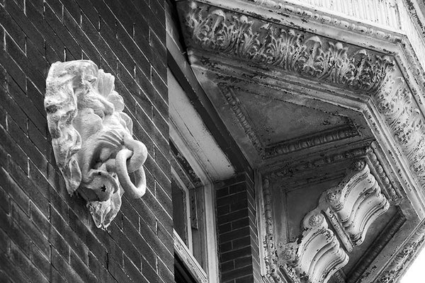Black and white fine art photograph of architectural details along New Orleans' famous Canal Street, including a lion head with a tie-down ring in its mouth, and an ornamental pressed metal facade with peeling paint.